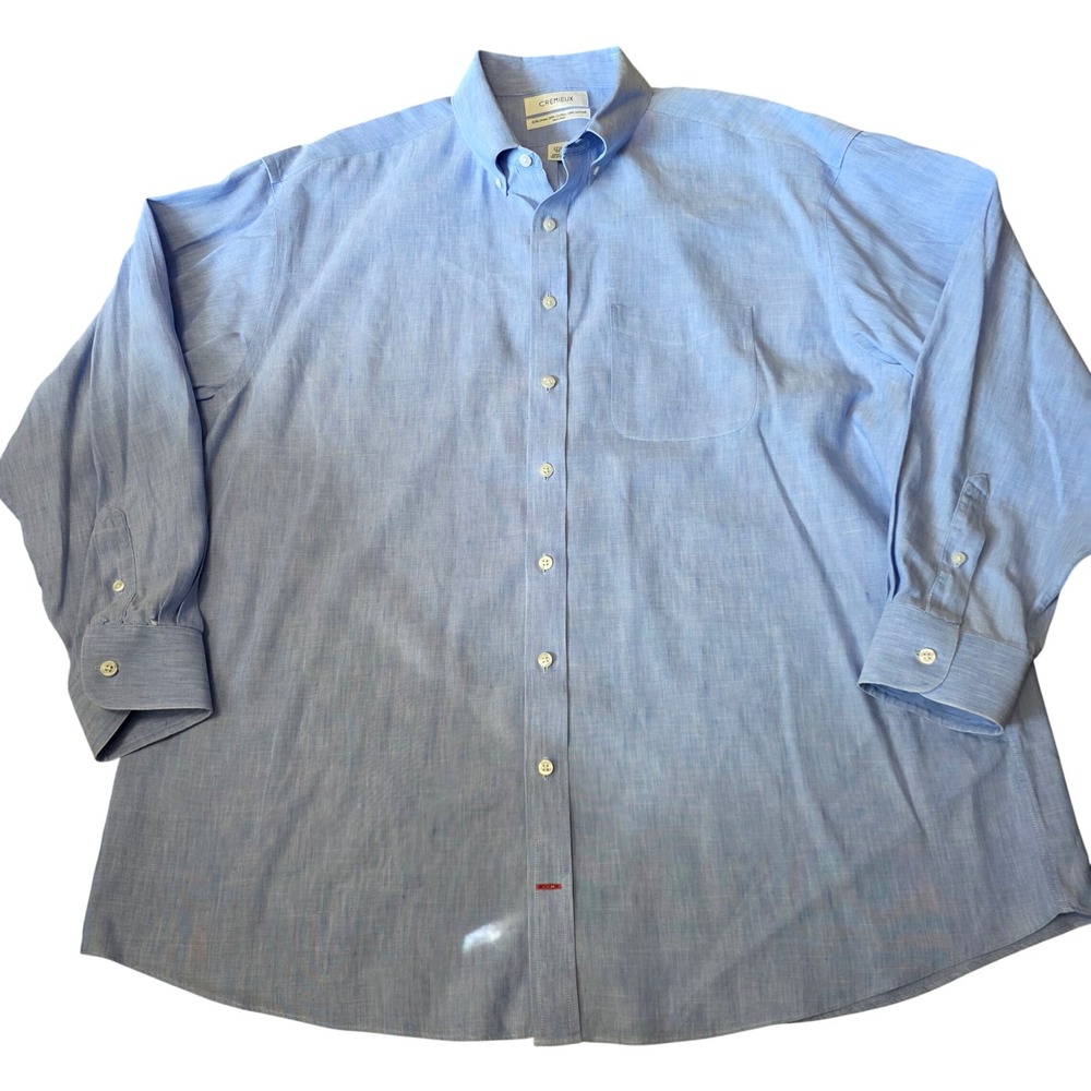 Cremieux Mens 17.5 34 Blue Linen Blend Non-Iron Button Down Shirt Long Sleeve